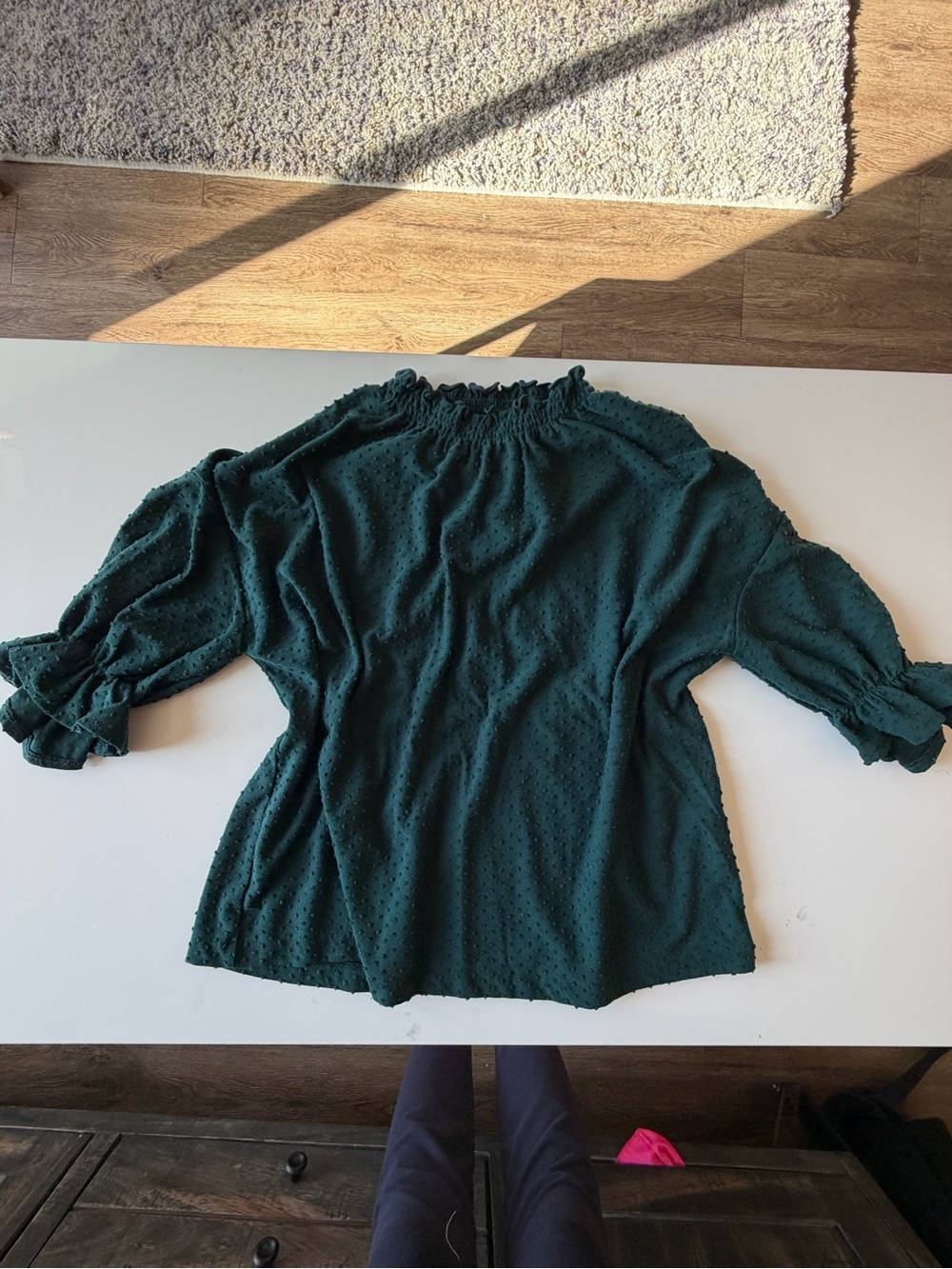 Madewell Dark Green Textured Smocked Neck Top